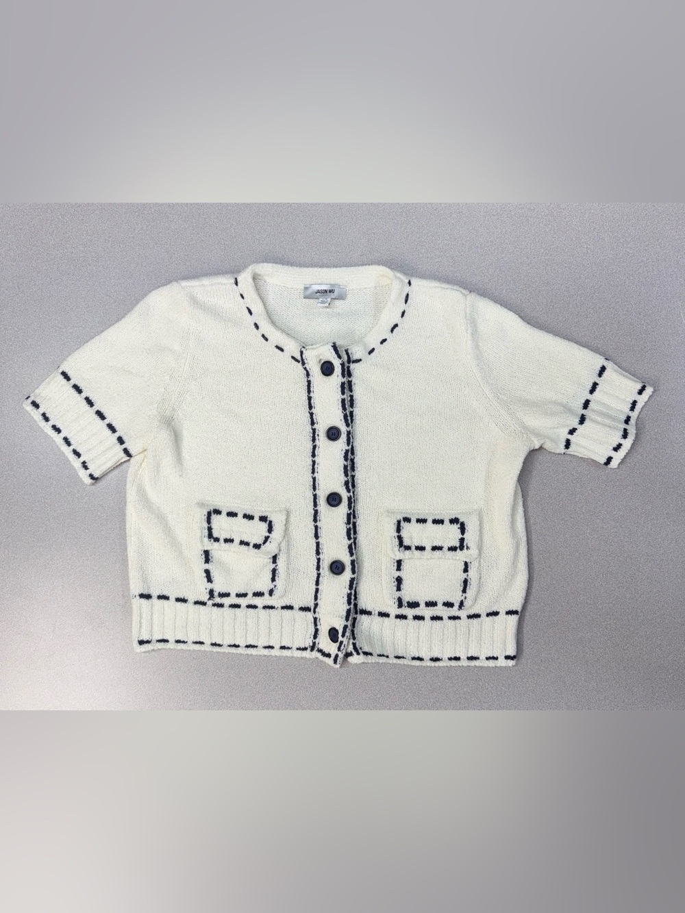 Jason Wu Contrast Stitch Detail Button Up Short Sleeve Sweater Front Pocket Navy